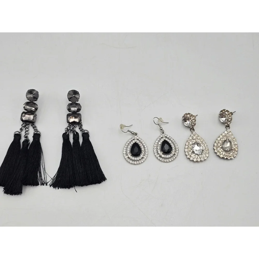 Statement‎ Earring Set Women OS Black Silver Good Tassel Rhinestone 3PC